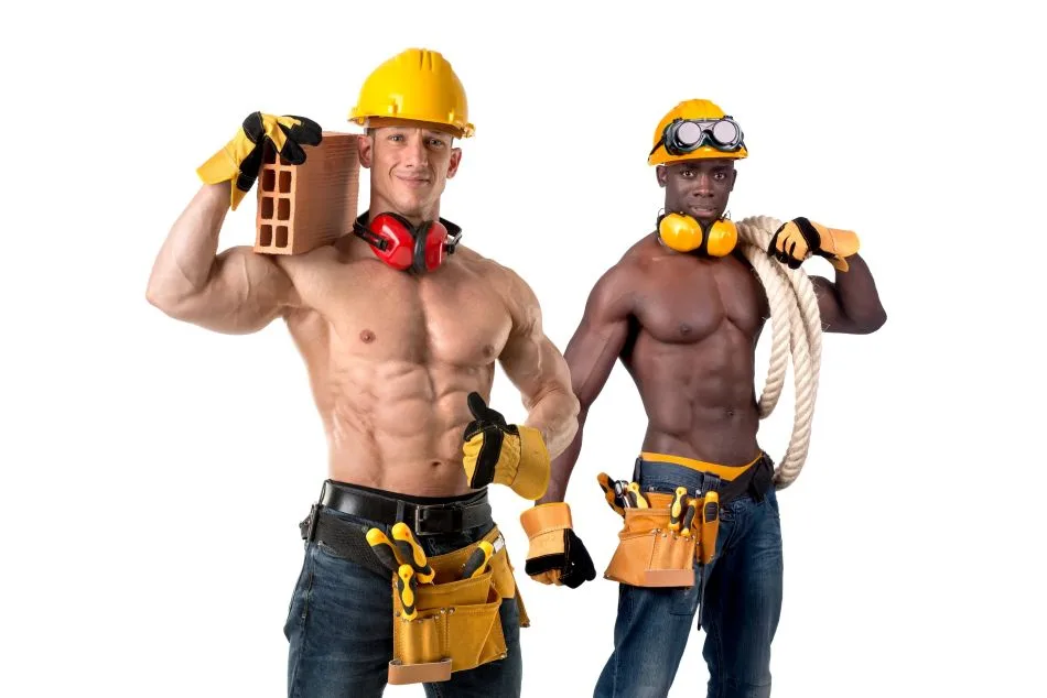 two of our hottest male strippers in yellow construction worker costumes